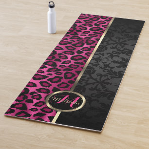Tapete De Yoga Damasco Preto e Yoga Mat Leopardo Rosa Quente