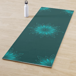 Tapete De Yoga Desenho de Mandala de Folha Verde-azulado em Ciano
