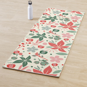 Tapete De Yoga Desenho Floral Brilhante com Folhas Verdes e Ponto