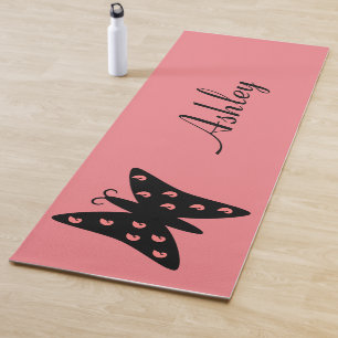 Tapete De Yoga Design de Borboleta Preta e Rosa bonito Personaliz