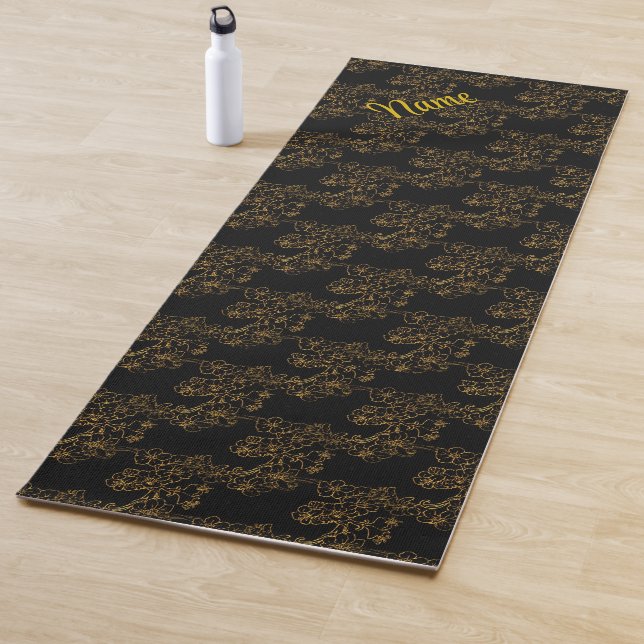 Tapete De Yoga Design Floral Dourado A Preto Personalizado (In Situ)