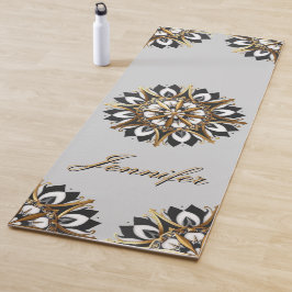 Tapete De Yoga Design Geométrico Preto-Dourado e Branco