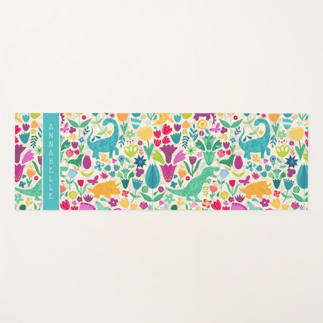 Tapete De Yoga Dinossauro Floral Silhouettes Lindas Meninas (Frente (Horizontal))