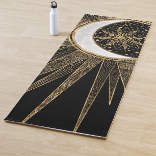 Tapete De Yoga Dótulos Dourados Elegantes Sol Lua Mandala Black