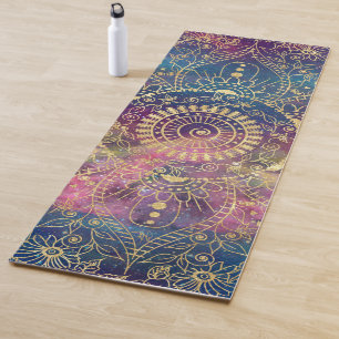 Tapete De Yoga Dourada aquarela e nebula mandala