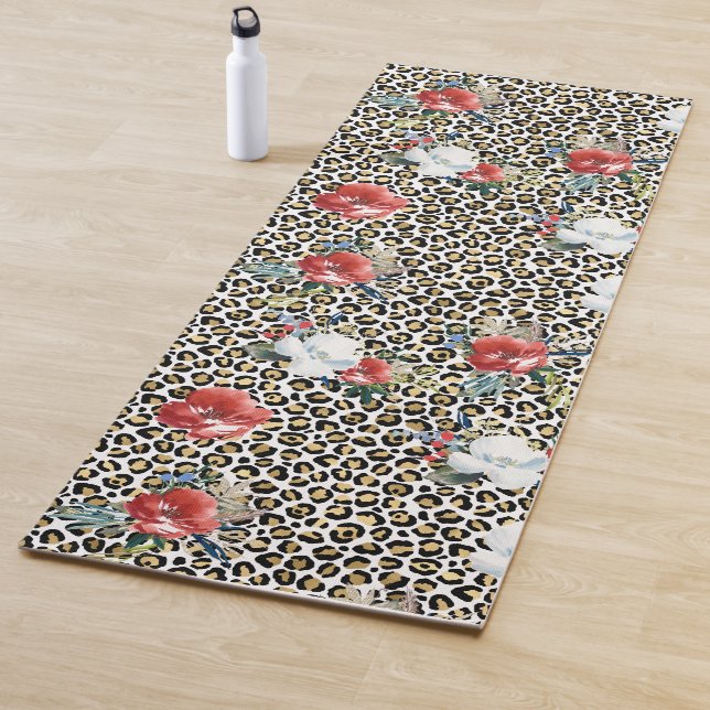 Tapete De Yoga Dourado Leopardo Impresso Vermelho Floral Branco (In Situ)