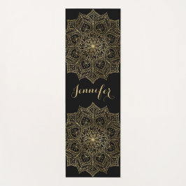Tapete De Yoga Dourado Mandala Flower Custom Name Black Yoga Mat