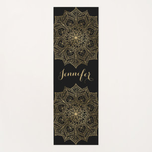 Tapete De Yoga Dourado Mandala Flower Custom Name Black Yoga Mat