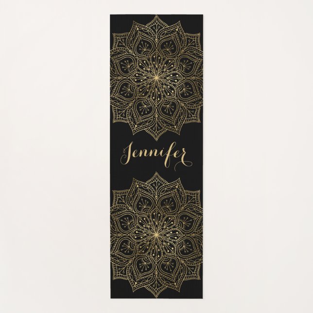 Tapete De Yoga Dourado Mandala Flower Custom Name Black Yoga Mat (Frente)