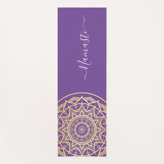 Tapete De Yoga Dourado Mandala Purple Namaste Script (Frente)