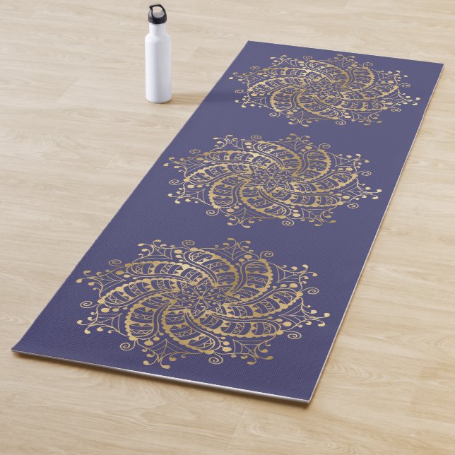 Tapete De Yoga Dourado Marinho Mandala Blue Boho (In Situ)