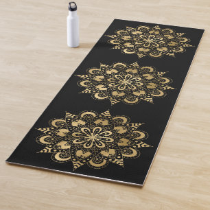 Tapete De Yoga Dourado padrão de Mandala Black Boho
