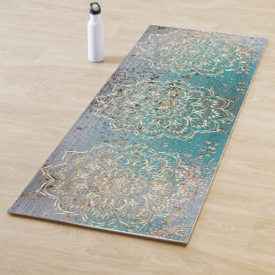 Tapete De Yoga Dourado Shimmery Triple Mandala em Teal 