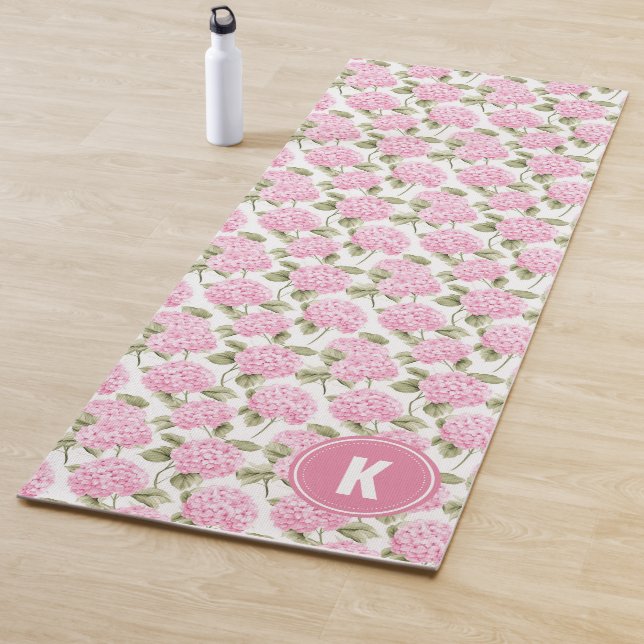 Tapete De Yoga Elegant Pink Hydragea Flowers Pattern Monogram (In Situ)