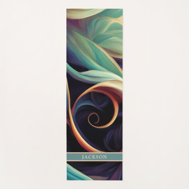 Tapete De Yoga Elegante Abstrato Teal Swirls com Nome (Frente)