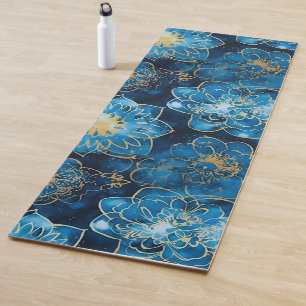 Tapete De Yoga Elegante Boho Azul Dourado Mandala Floral