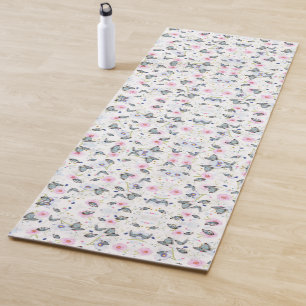 Tapete De Yoga elegante borboleta rosa e azul e flores