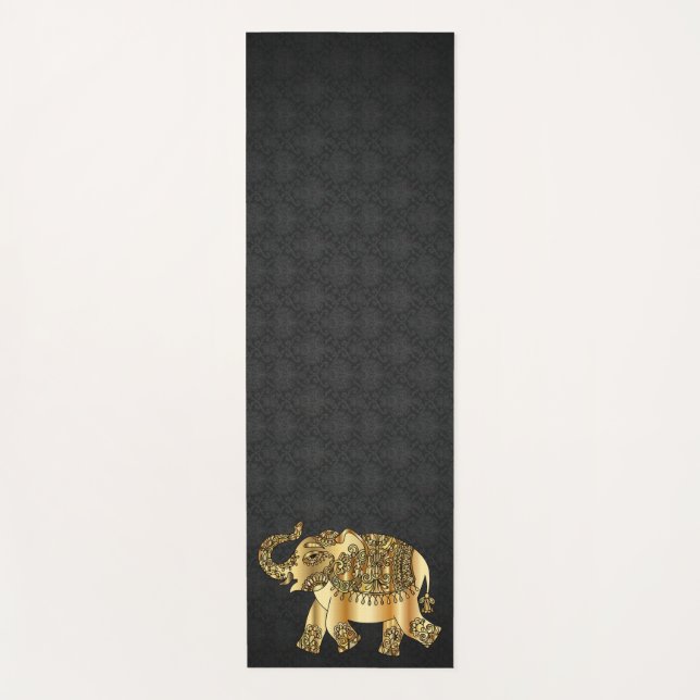 Tapete De Yoga Elegante Damask Dourado Paisley Elephant (Frente)