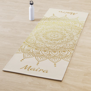 Tapete De Yoga Elegante Dourado em Cream Floral Henna Mandala