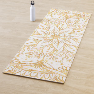 Tapete De Yoga Elegante Dourado Flor Mandala Design Branco