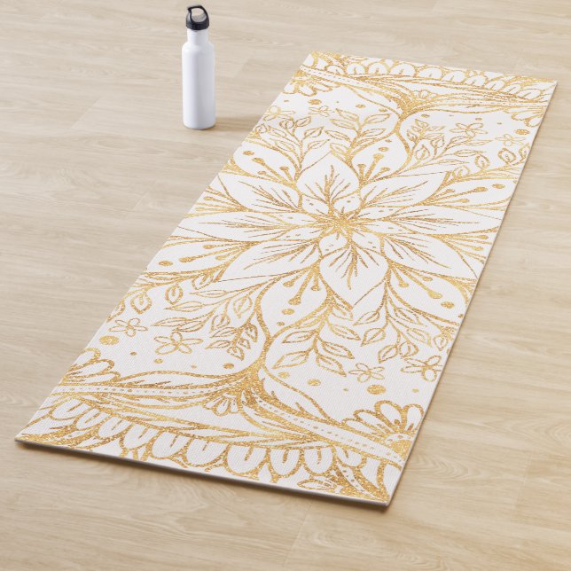 Tapete De Yoga Elegante Dourado Flor Mandala White Design (In Situ)