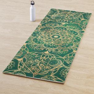 Tapete De Yoga Elegante Dourado Floral Mandala Green Design