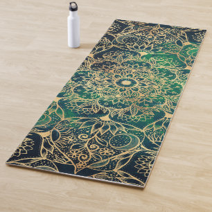 Tapete De Yoga Elegante Dourado Mandala Floral Verde Azul