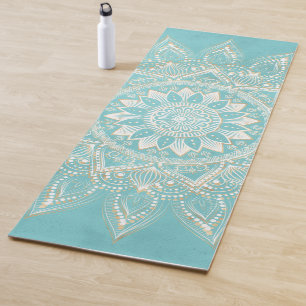 Tapete De Yoga Elegante Dourado Mandala Sky Blue Design