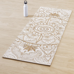 Tapete De Yoga Elegante Dourado Olho Sol Lua Mandala Design Branc