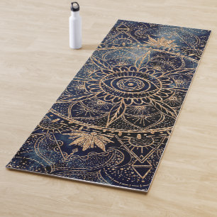 Tapete De Yoga Elegante Dourado Olho Sol Lua Mandala Marinho Azul
