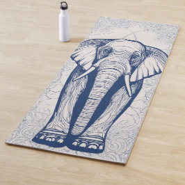 Tapete De Yoga Elegante Elefante Indiano em Azul Naval Arte Linea