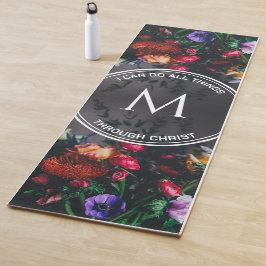 Tapete De Yoga Elegante Monograma Bouquet Floral CINZA