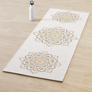 Tapete De Yoga Elegante Ouro e Mandala Branca