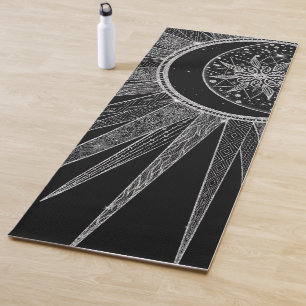Tapete De Yoga Elegante Silver Sun Moon Mandala Black Design