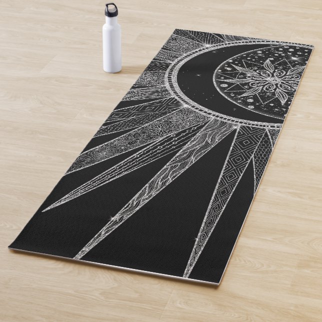 Tapete De Yoga Elegante Silver Sun Moon Mandala Black Design (In Situ)