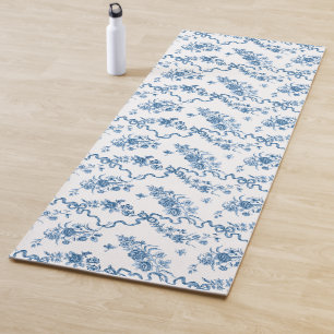 Tapete De Yoga Elegante Vintage Rosas e fitas azuis gravadas