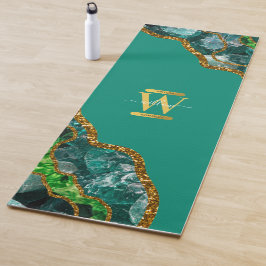 Tapete De Yoga Emerald Green & Dourado Agate Geode Glitter Monogr