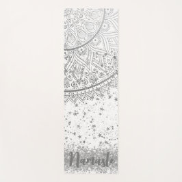 Tapete De Yoga Encantando Mandala com Estrelas de Prata em Branco