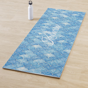 Tapete De Yoga Escamas de Sereia Azul Tendência Nome Personalizad