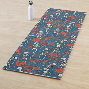 Tapete De Yoga Esqueletos Alegres E Rosas Vermelhas Denim Azul