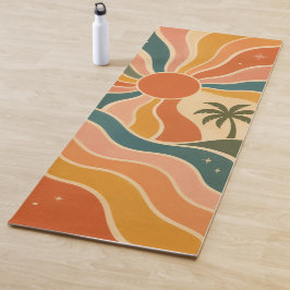 Tapete De Yoga Estética das Ondas do Pôr do Sol e Palmeiras Retro
