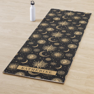 Tapete De Yoga Exercício Dourado de Sun Moon Star Celestial Negro