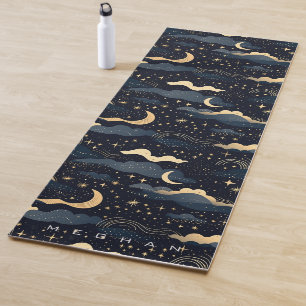 Tapete De Yoga Fases da Lua Celestiais Estrelas Monograma Dourado