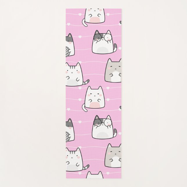 Tapete De Yoga Fila de Coração de Gatos Kawaii sem Costura (Frente)