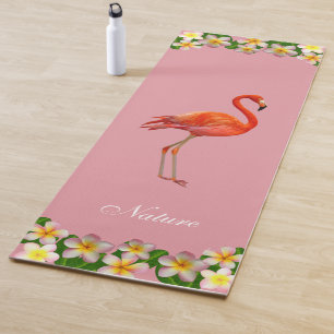 Tapete De Yoga Flamingo & Flores de Plumeria em Rosa Dourado