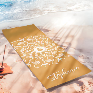 Tapete De Yoga Flamingo Pérola Mandala Monograma Dourado Bege Pra