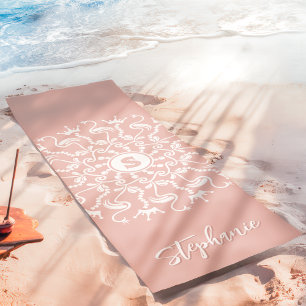 Tapete De Yoga Flamingo Pérola Mandala Monograma Rosa Praia