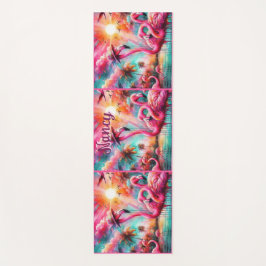 Tapete De Yoga Flamingos Palmeiras Rosa Tropicais Personalizadas