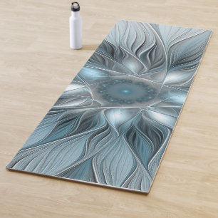 Tapete De Yoga Flor Abstrata Alegre Azul Cinza Floral Fractal