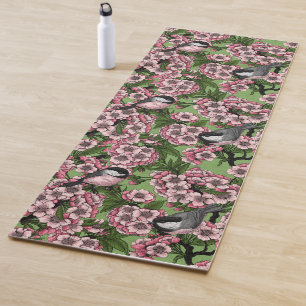 Tapete De Yoga Flor de cereja e galinhas em verde